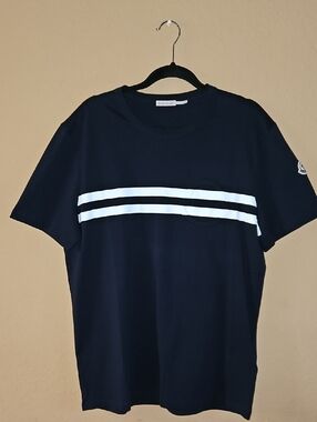 Moncler Navy Short-Sleeve Tee with White Double Stripes